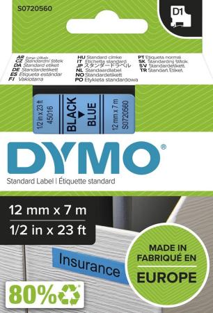 dymo D1 tape 12 mm x 7 m zwart op blauw
