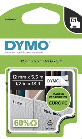 dymo D1 tape 12mm x 5,5m perm. polyester zwart/wit
