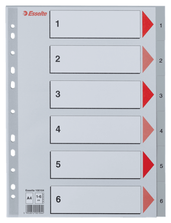 tabbladen A4 plastiek grijs 1-6 bedrukt esselte
