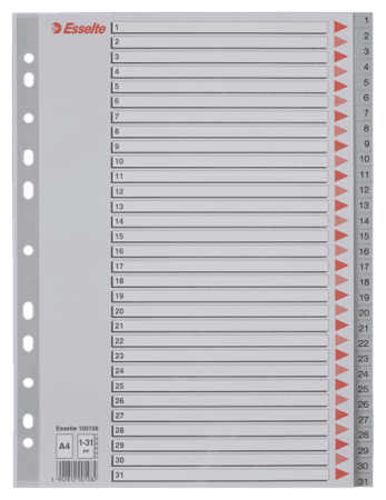 tabbladen A4 plastiek grijs 1-31 bedrukt esselte