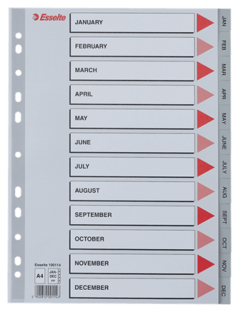 tabbladen A4 plastiek grijs jan-dec bedrukt esselt