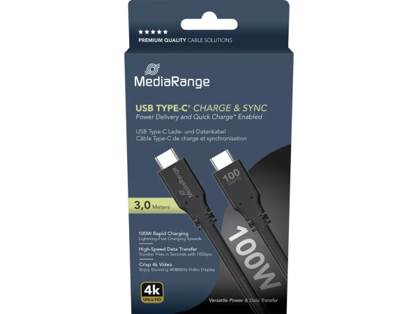  Mediarange data-oplaadkabel USB-C 3m zwart 10Gbps