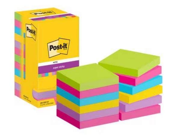 pak 12 super sticky post-it 76 x 76 mm assorti