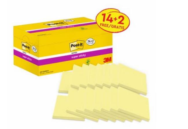 post-it super sticky 76x76mm geel pk 14 + 2 gratis