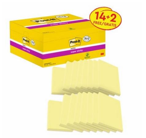 post-it super sticky 76x127mm geel pk 14 +2 gratis